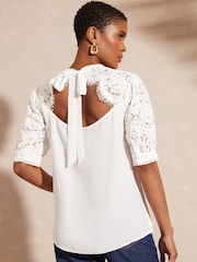 Love & Roses Ivory Short Sleeve Lace Trim Bow Back Blouse - Image 2 of 4