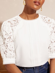 Love & Roses Ivory Short Sleeve Lace Trim Bow Back Blouse - Image 4 of 4