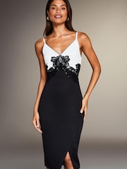 Lipsy Black/White Petite Lace Sequin Applique Bodycon Dress - Image 1 of 4