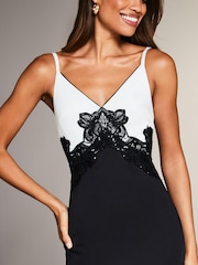 Lipsy Black/White Lace Sequin Applique Bodycon Dress - Image 4 of 4