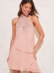 Lipsy Nude Halter Hand Embellished Sequin Tiered Mini Swing Dress - Image 1 of 4