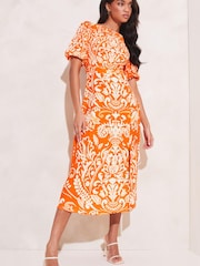 Lipsy Orange Printed Puff Sleeve Round Neck Split Midi Dress - Image 1 of 4