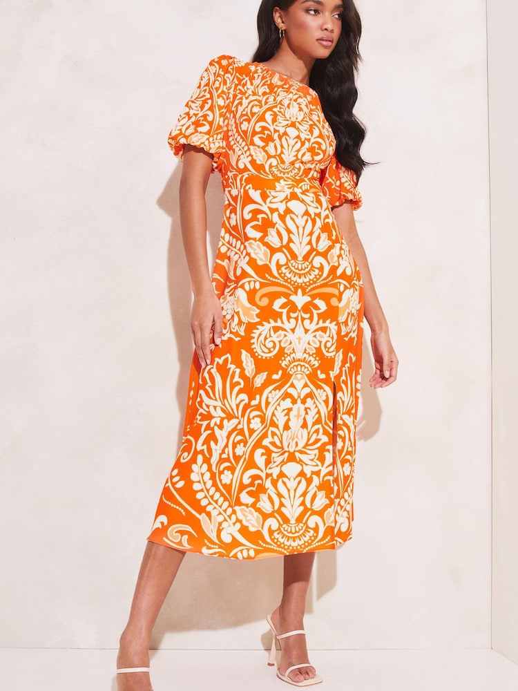 Lipsy Orange Printed Puff Sleeve Round Neck Split Midi Dress - Image 1 of 4