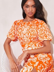 Lipsy Orange Printed Puff Sleeve Round Neck Split Midi Dress - Image 4 of 4