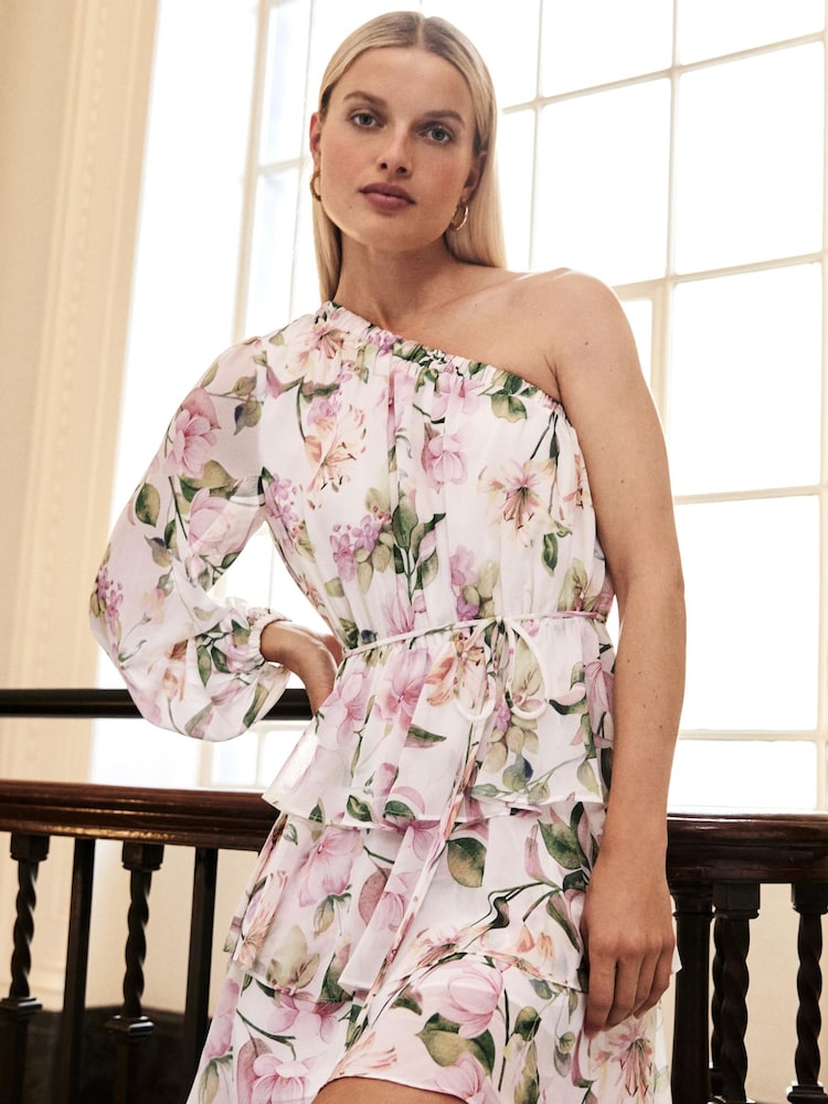 Forever New White & Pink Sienna Asymmetric Tiered Mini Dress - Image 1 of 5