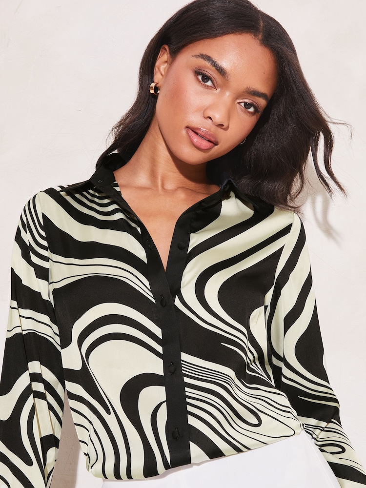 Lipsy Cream Swirl Printed Satin Button Through Shirt - Image 4 of 4