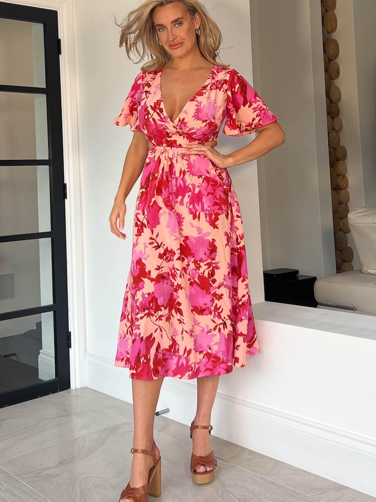 Girl In Mind Pink Peach Floral Cut Out Flutter Sleeve Midi Dress - Image 1 of 4