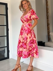 Girl In Mind Pink Peach Floral Cut Out Flutter Sleeve Midi Dress - Image 4 of 4