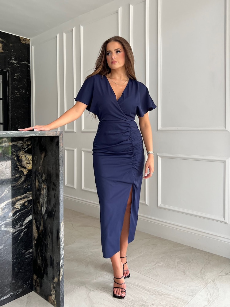 Girl In Mind Navy Blue Priscilla Wrap Over Ruched Detail Midi Dress - Image 1 of 4 Girl In Mind Navy Blue Priscilla Wrap Over Ruched Detail Midi Dress - Image 1 of 4