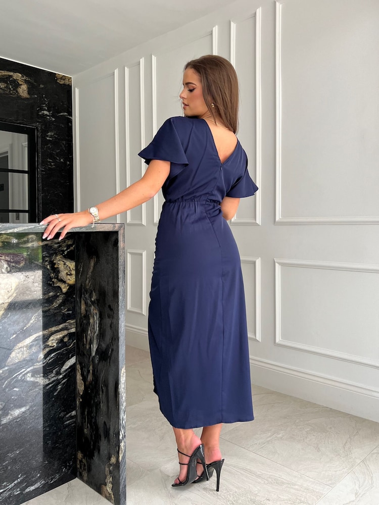 Girl In Mind Navy Blue Priscilla Wrap Over Ruched Detail Midi Dress - Image 4 of 4 Girl In Mind Navy Blue Priscilla Wrap Over Ruched Detail Midi Dress - Image 4 of 4