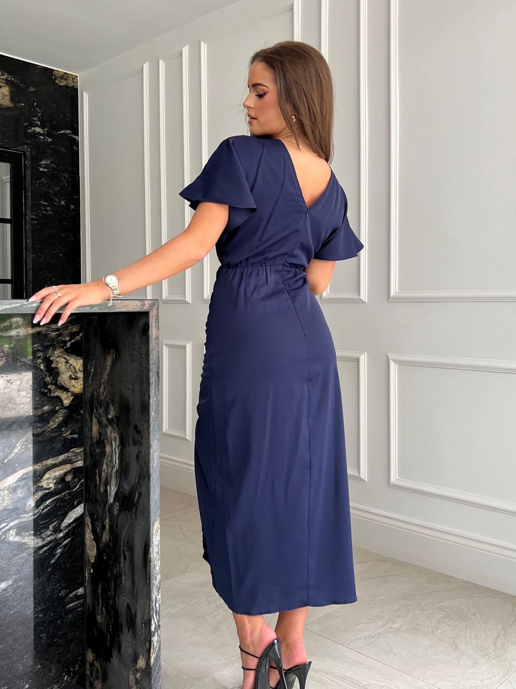 Buy Girl In Mind Navy Blue Petite Priscilla Wrap Over Ruched Detail Midi Dress from Next Luxembourg