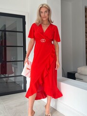 Girl In Mind Red Coral Petite Quinn Wrap Detail Midi Dress - Image 1 of 4