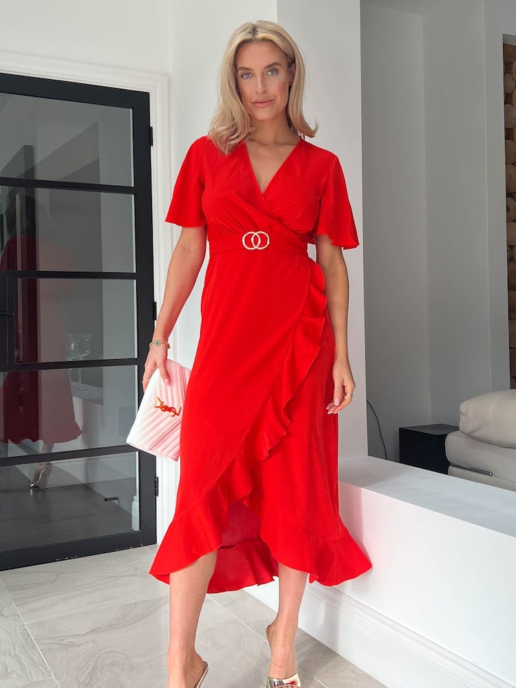 Girl In Mind Red Coral Petite Quinn Wrap Detail Midi Dress - Image 1 of 4