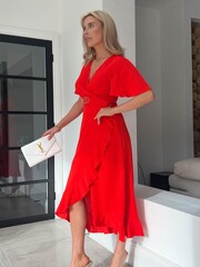Girl In Mind Red Coral Petite Quinn Wrap Detail Midi Dress - Image 3 of 4