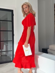 Girl In Mind Red Coral Petite Quinn Wrap Detail Midi Dress - Image 4 of 4