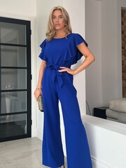 Girl In Mind Cobalt Blue Tamara Frill Detail Wide Leg Jumpsuit - Image 6 of 6