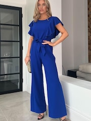 Girl In Mind Cobalt Blue Petite Tamara Frill Detail Wide Leg Jumpsuit - Image 1 of 4