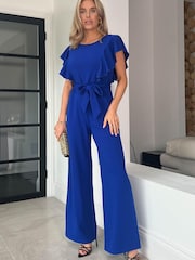 Girl In Mind Cobalt Blue Petite Tamara Frill Detail Wide Leg Jumpsuit - Image 2 of 4