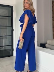 Girl In Mind Cobalt Blue Petite Tamara Frill Detail Wide Leg Jumpsuit - Image 4 of 4