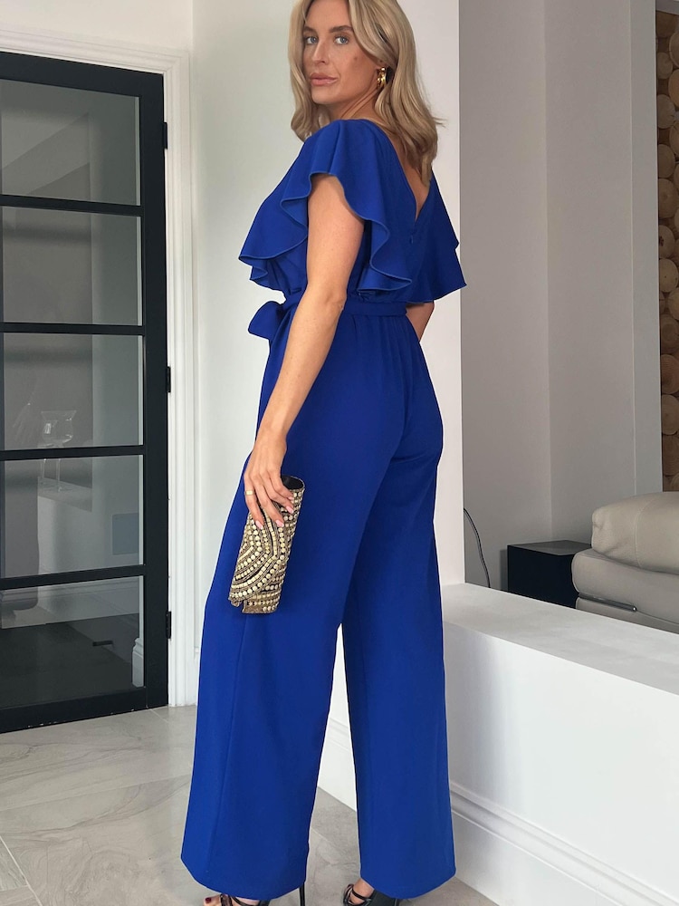 Girl In Mind Cobalt Blue Petite Tamara Frill Detail Wide Leg Jumpsuit - Image 4 of 4