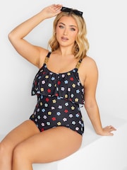 Yours Curve Black Naïve Daisy Frill Chain Tummy Support Swimsuit - Image 1 of 4