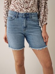 NOISY MAY Blue Ripped Hem High Waist Mom Shorts - Image 4 of 6