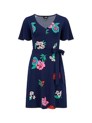 Pour Moi Blue Floral Priya Slinky Jersey Panel Short Sleeve Dress - Image 4 of 5