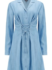Pour Moi Denim Blue Joanie Lace Up Chambray Long Sleeve Dress - Image 4 of 5