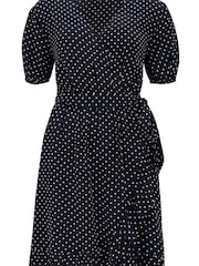Pour Moi Black Spot Kelly Woven Viscose Short Sleeve Frill Wrap Dress - Image 4 of 5