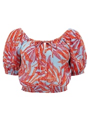 Pour Moi Blue/Red Crinkle Viscose Bardot Smock Tie Top - Image 4 of 5
