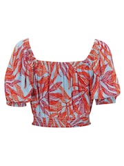 Pour Moi Blue/Red Crinkle Viscose Bardot Smock Tie Top - Image 5 of 5