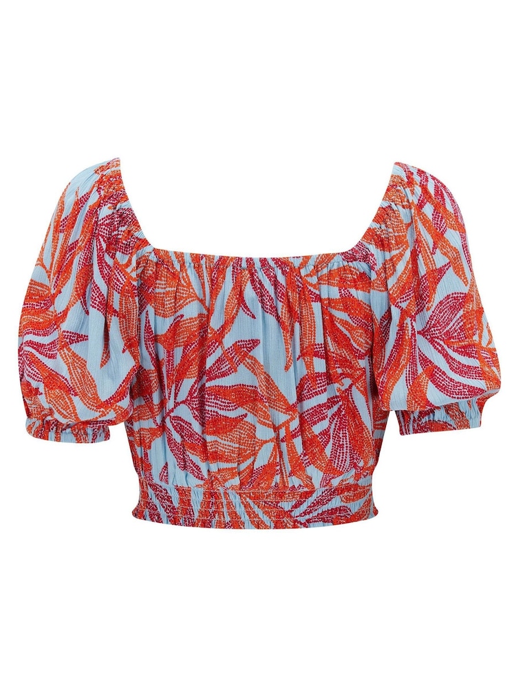 Pour Moi Blue/Red Crinkle Viscose Bardot Smock Tie Top - Image 5 of 5