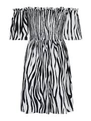 Pour Moi Black/White Zebra Removable Sleeve Shirred Bardot Dress - Image 5 of 5