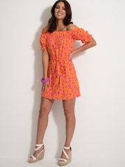 Pour Moi Orange/ Pink Woven Puff Sleeve Belted Bardot Dress - Image 1 of 5