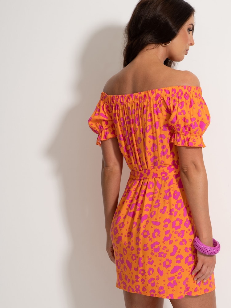 Pour Moi Orange/ Pink Woven Puff Sleeve Belted Bardot Dress - Image 2 of 5