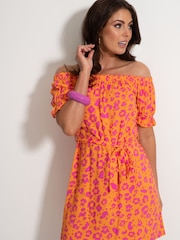 Pour Moi Orange/ Pink Woven Puff Sleeve Belted Bardot Dress - Image 3 of 5