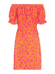 Pour Moi Orange/ Pink Woven Puff Sleeve Belted Bardot Dress - Image 4 of 5