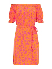 Pour Moi Orange/ Pink Woven Puff Sleeve Belted Bardot Dress - Image 5 of 5