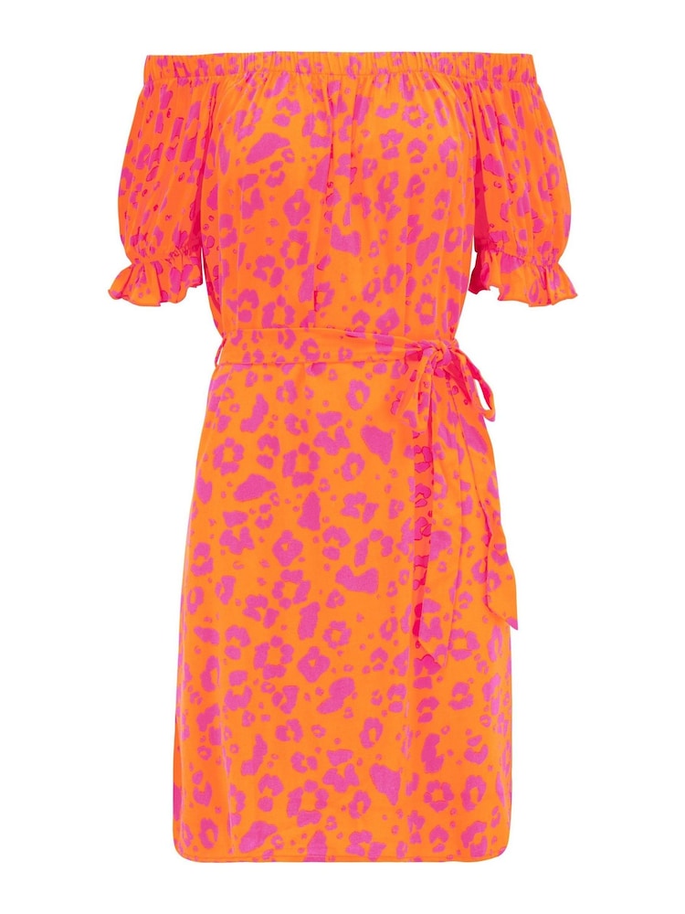 Pour Moi Orange/ Pink Woven Puff Sleeve Belted Bardot Dress - Image 5 of 5