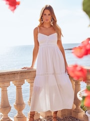 Friends Like These White 100% Cotton Dobby Strappy Button Midi Dress - Image 1 of 4