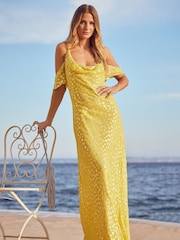 Friends Like These Yellow Foil Glitter Cold Shoulder Maxi Dress - Image 1 of 4