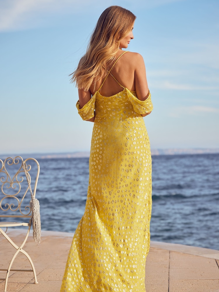 Friends Like These Yellow Foil Glitter Cold Shoulder Maxi Dress - Image 2 of 4 Friends Like These Yellow Foil Glitter Cold Shoulder Maxi Dress - Image 2 of 4