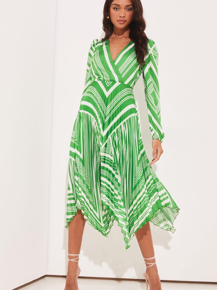 Lipsy Green stripe Petite Long Sleeve Pleated Wrap Midi Dress - Image 1 of 4 Lipsy Green stripe Petite Long Sleeve Pleated Wrap Midi Dress - Image 1 of 4