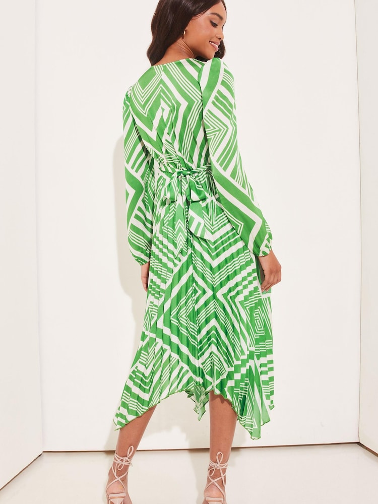 Lipsy Green stripe Petite Long Sleeve Pleated Wrap Midi Dress - Image 2 of 4 Lipsy Green stripe Petite Long Sleeve Pleated Wrap Midi Dress - Image 2 of 4
