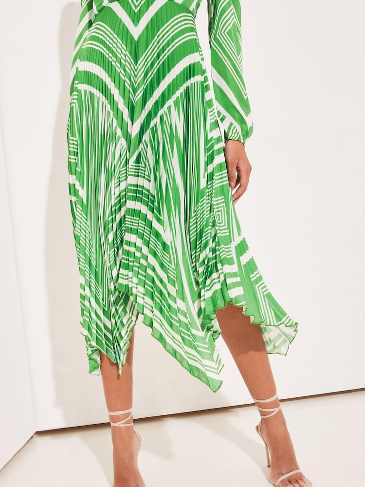 Lipsy Green stripe Petite Long Sleeve Pleated Wrap Midi Dress - Image 4 of 4