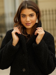Friends Like These Black Longline Button Through Teddy Coat - Image 3 of 4