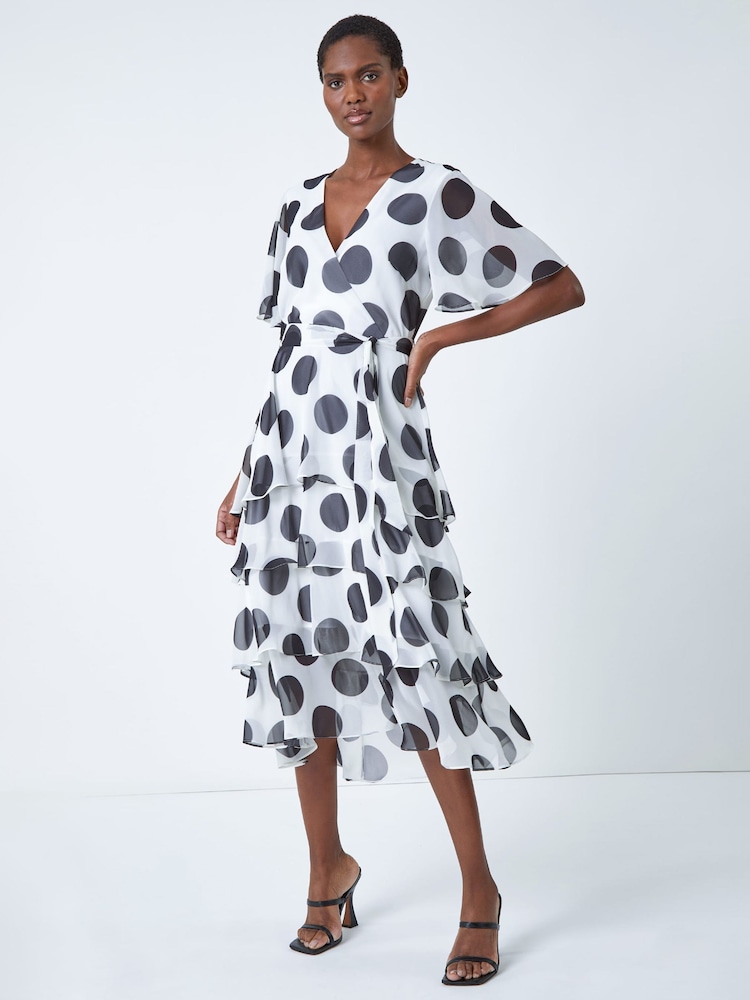 Roman White & Black Polka Dot Tiered Frill Midi Dress - Image 1 of 5