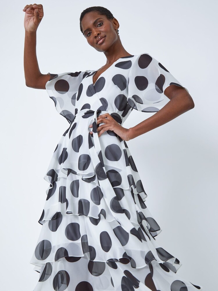 Roman White & Black Polka Dot Tiered Frill Midi Dress - Image 2 of 5