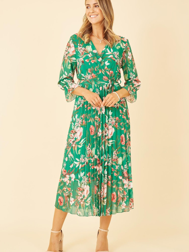 Yumi Green Floral Print Midi Wrap Dress With Pleated Skirt - Image 1 of 5 Yumi Green Floral Print Midi Wrap Dress With Pleated Skirt - Image 1 of 5
