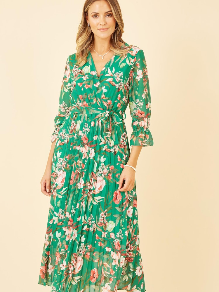 Yumi Green Floral Print Midi Wrap Dress With Pleated Skirt - Image 2 of 5 Yumi Green Floral Print Midi Wrap Dress With Pleated Skirt - Image 2 of 5